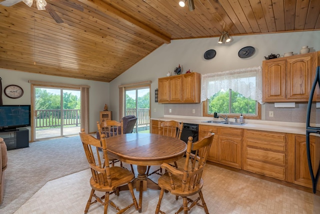 24058 610th Ave, Madison Lake, MN 56063 - dining area with wooden ceiling, plenty of natural light, ceiling fan, and light carpet