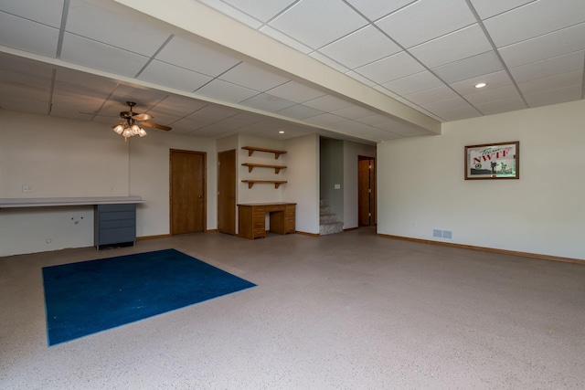 24058 610th Ave, Madison Lake, MN 56063 - unfurnished living room featuring ceiling fan, baseboards, speckle patterned floor, stairway, and recessed lighting