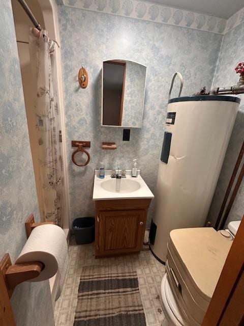 2377 Finn Bay Rd, Babbitt, MN 55706 - full bath with electric water heater, toilet, vanity, a shower with shower curtain, and wallpapered walls