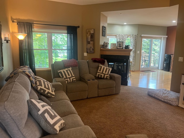 1808 4th St NE, Willmar, MN 56201 - living area with carpet floors, recessed lighting, and a glass covered fireplace
