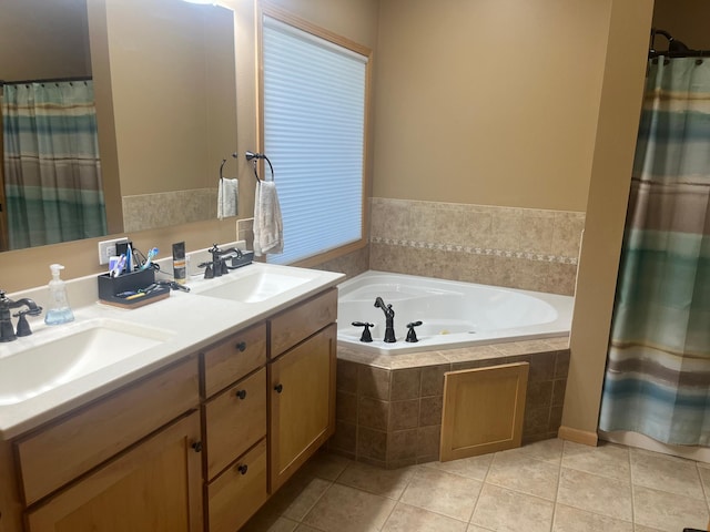 1808 4th St NE, Willmar, MN 56201 - bathroom featuring a bath, double vanity, tile patterned flooring, and curtained shower