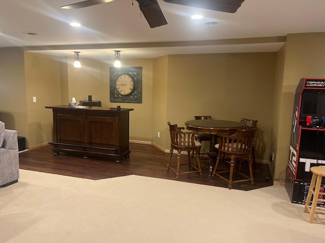 1808 4th St NE, Willmar, MN 56201 - indoor dry bar with baseboards, wood finished floors, a ceiling fan, recessed lighting, and hanging light fixtures