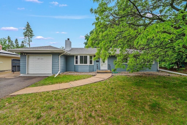 3013 64th Ave N, Brooklyn Center, MN 55429 - ranch-style house with an attached garage, driveway, a chimney, a front lawn, and a shingled roof