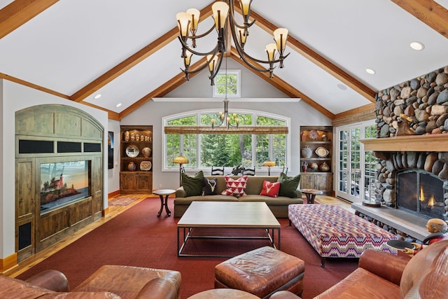 2442 Meeting St, Minnetonka, MN 55391 - living area featuring a fireplace, beam ceiling, high vaulted ceiling, healthy amount of natural light, and baseboards