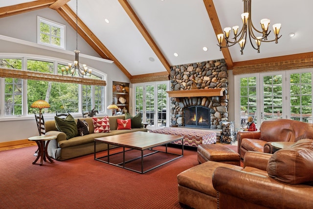 2442 Meeting St, Minnetonka, MN 55391 - living room featuring a chandelier, high vaulted ceiling, beamed ceiling, healthy amount of natural light, and a fireplace