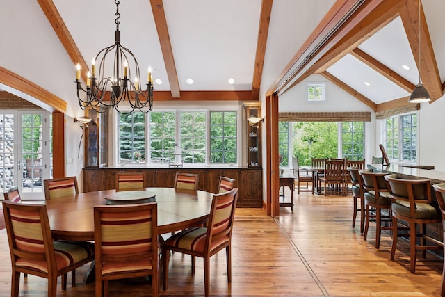 2442 Meeting St, Minnetonka, MN 55391 - dining area featuring beam ceiling, high vaulted ceiling, a chandelier, healthy amount of natural light, and light wood-style flooring