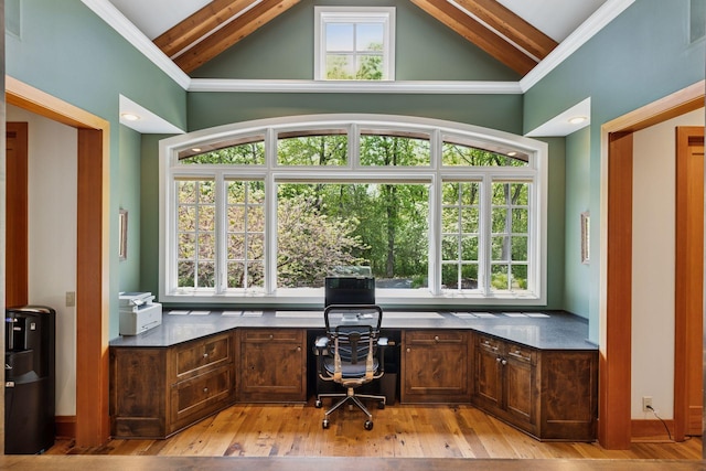 2442 Meeting St, Minnetonka, MN 55391 - home office with built in study area, beamed ceiling, high vaulted ceiling, and light wood finished floors