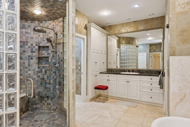 2442 Meeting St, Minnetonka, MN 55391 - full bath with a stall shower, vanity, tile patterned flooring, and recessed lighting