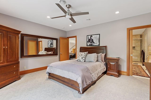 2442 Meeting St, Minnetonka, MN 55391 - bedroom featuring light colored carpet, baseboards, recessed lighting, a ceiling fan, and ensuite bath