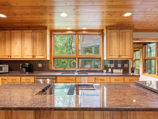 27620 Island View Dr, Park Rapids, MN 56470 - kitchen with stainless steel dishwasher, a sink, wood ceiling, black electric cooktop, and dark stone counters