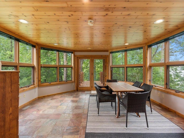 27620 Island View Dr, Park Rapids, MN 56470 - dining area featuring baseboards, plenty of natural light, recessed lighting, wood ceiling, and stone finish floors