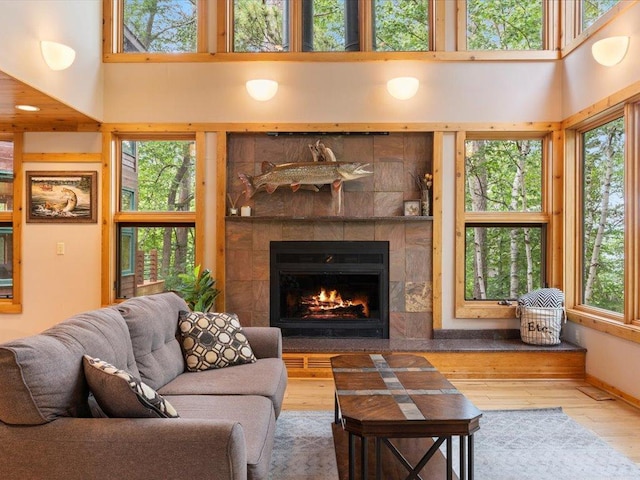 27620 Island View Dr, Park Rapids, MN 56470 - living area featuring a high ceiling, a fireplace, and wood finished floors