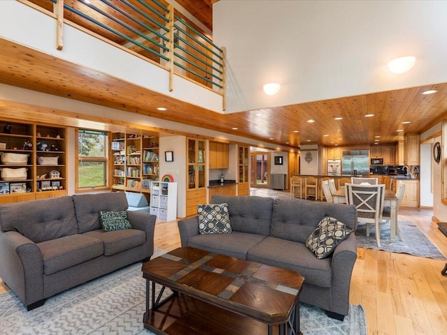 27620 Island View Dr, Park Rapids, MN 56470 - living room with light wood finished floors, recessed lighting, and wooden ceiling