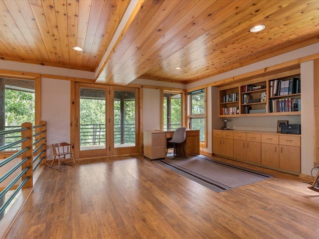 27620 Island View Dr, Park Rapids, MN 56470 - home office with wooden ceiling, light wood-style flooring, and recessed lighting