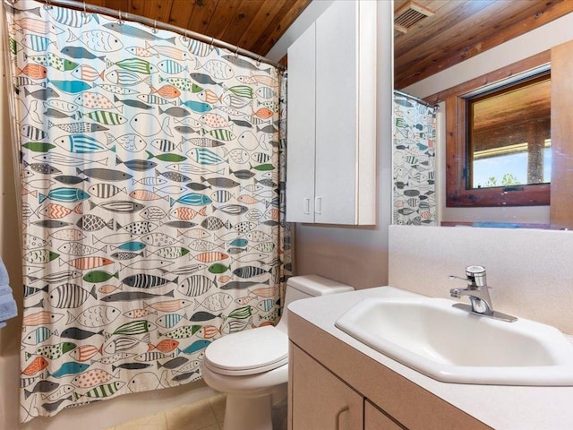 27620 Island View Dr, Park Rapids, MN 56470 - full bath featuring wooden ceiling, toilet, vanity, tile patterned floors, and curtained shower