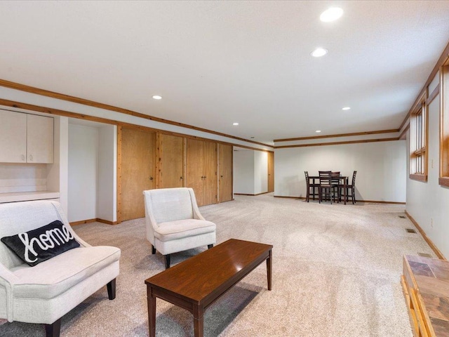 27620 Island View Dr, Park Rapids, MN 56470 - living area featuring crown molding, recessed lighting, baseboards, and light colored carpet