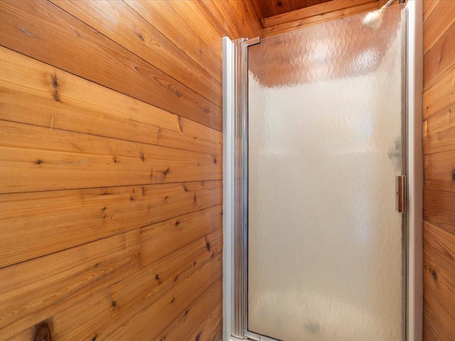 27620 Island View Dr, Park Rapids, MN 56470 - bathroom featuring a shower stall and wood walls