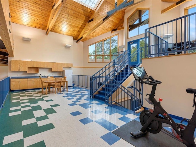 27620 Island View Dr, Park Rapids, MN 56470 - workout area with a high ceiling, wood ceiling, tile patterned floors, and a skylight