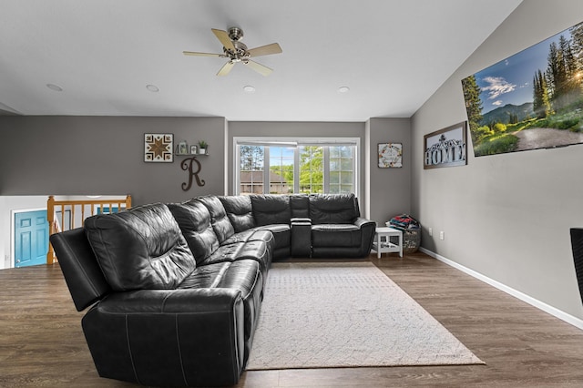 14465 Blackberry Ct, Baxter, MN 56425 - living room featuring a ceiling fan, wood finished floors, vaulted ceiling, and baseboards