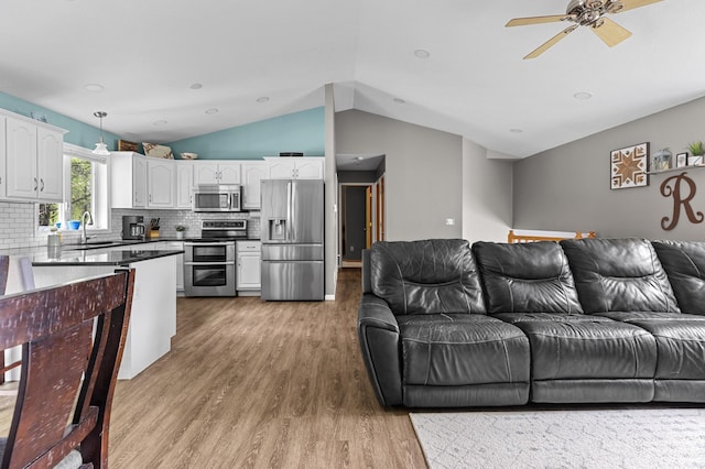 14465 Blackberry Ct, Baxter, MN 56425 - living area featuring vaulted ceiling, light wood-type flooring, and ceiling fan