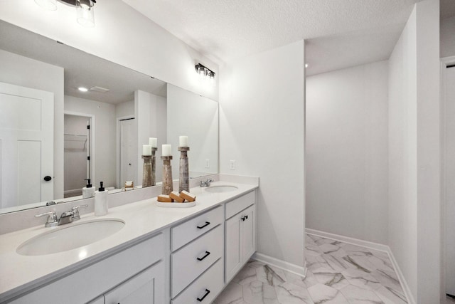 6570 Jody Ave S, Cottage Grove, MN 55016 - bathroom with marble finish floors, double vanity, baseboards, a spacious closet, and a textured ceiling