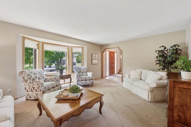 4650 Cottonwood Ln N, Plymouth, MN 55442 - living area featuring arched walkways, light carpet, and a textured ceiling