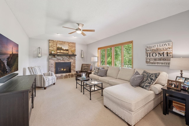 4650 Cottonwood Ln N, Plymouth, MN 55442 - living room featuring a ceiling fan, carpet flooring, and a fireplace