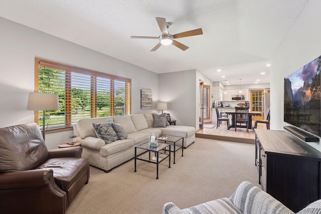 4650 Cottonwood Ln N, Plymouth, MN 55442 - living room with a ceiling fan, recessed lighting, and light colored carpet
