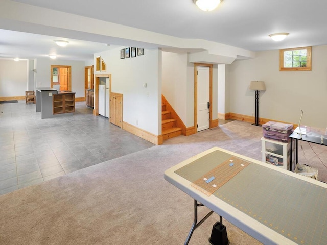 601 Kingsway Dr, Le Sueur, MN 56058 - living room with stairway, baseboards, and carpet