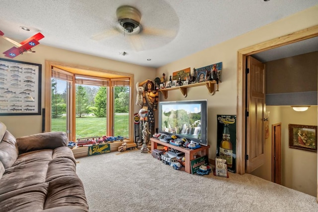2511 Carver Ave E, Maplewood, MN 55119 - carpeted living area with a textured ceiling and ceiling fan