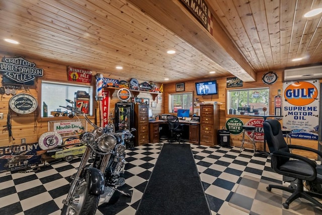 2511 Carver Ave E, Maplewood, MN 55119 - home office with tile patterned floors, wooden walls, wood ceiling, an AC wall unit, and recessed lighting