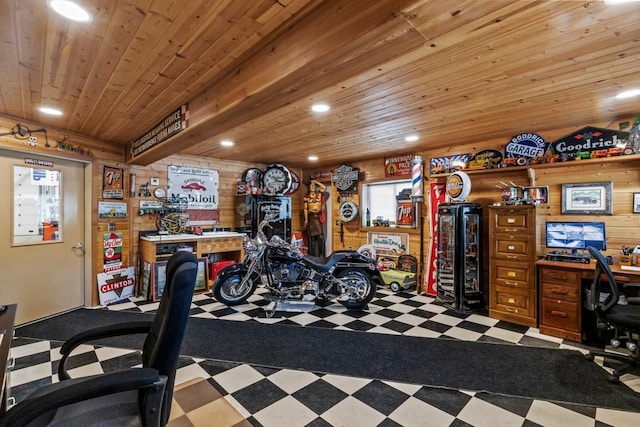 2511 Carver Ave E, Maplewood, MN 55119 - exercise area featuring wooden ceiling, tile patterned floors, wood walls, and recessed lighting