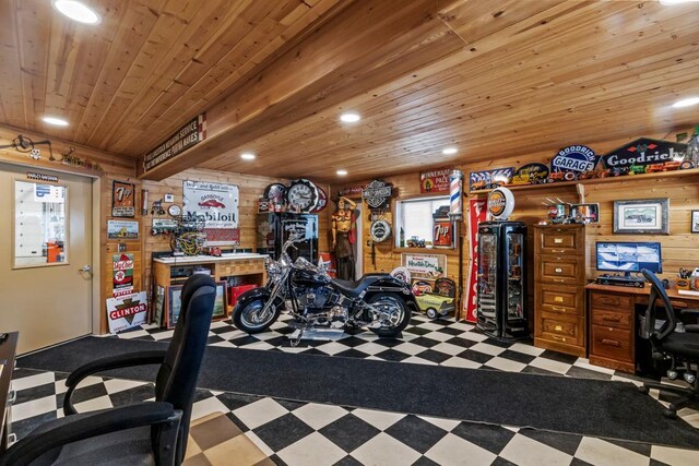 2511 Carver Ave E, Maplewood, MN 55119 - workout area featuring wooden ceiling, tile patterned floors, wood walls, and recessed lighting