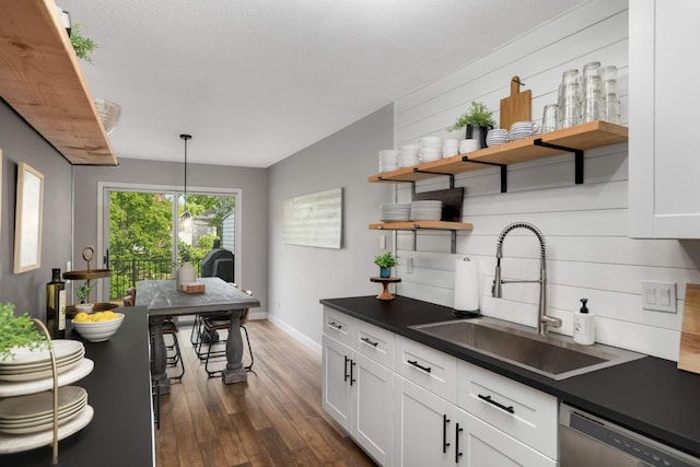 4119 Sylvia Ln S, Shoreview, MN 55126 - kitchen featuring open shelves, stainless steel dishwasher, a sink, dark wood finished floors, and white cabinetry