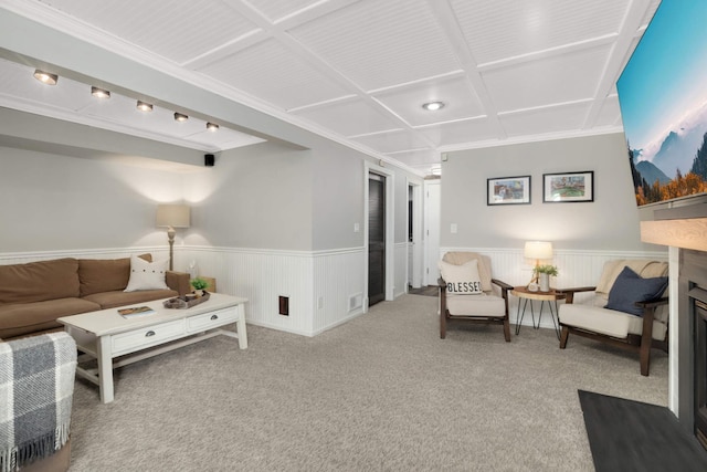 4119 Sylvia Ln S, Shoreview, MN 55126 - carpeted living area with ornamental molding, wainscoting, and coffered ceiling