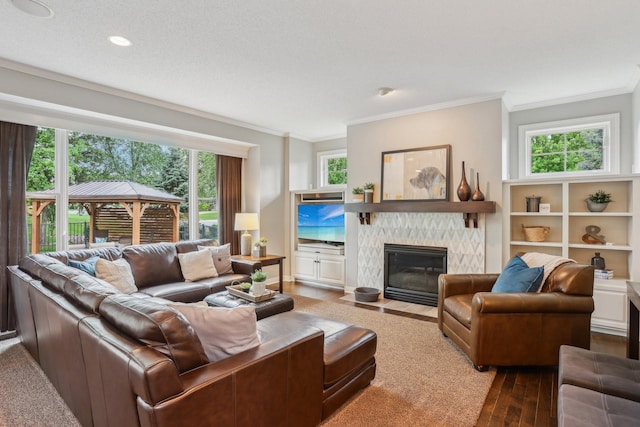 11560 Ashley Ct, Inver Grove Heights, MN 55077 - living room featuring crown molding, hardwood / wood-style flooring, a fireplace, and recessed lighting