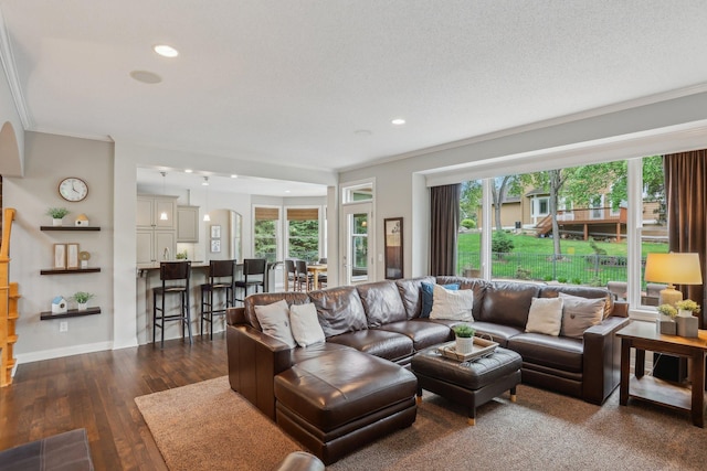 11560 Ashley Ct, Inver Grove Heights, MN 55077 - living room featuring crown molding, recessed lighting, dark wood-style floors, and baseboards