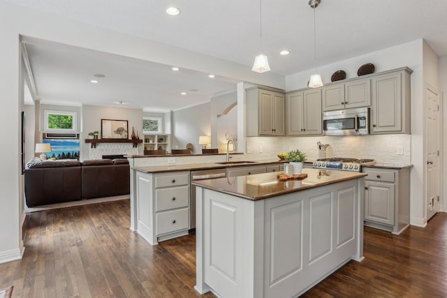11560 Ashley Ct, Inver Grove Heights, MN 55077 - kitchen with appliances with stainless steel finishes, a sink, dark wood-style flooring, backsplash, and recessed lighting