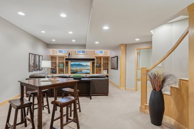 11560 Ashley Ct, Inver Grove Heights, MN 55077 - dining space featuring recessed lighting, light colored carpet, stairs, and baseboards