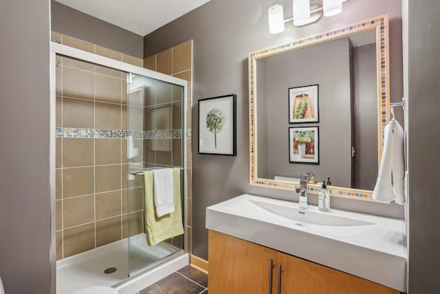 11560 Ashley Ct, Inver Grove Heights, MN 55077 - full bathroom featuring a stall shower, tile patterned flooring, and vanity