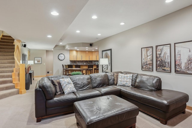 11560 Ashley Ct, Eagan, MN 55077 - living room with recessed lighting, stairway, light carpet, and baseboards