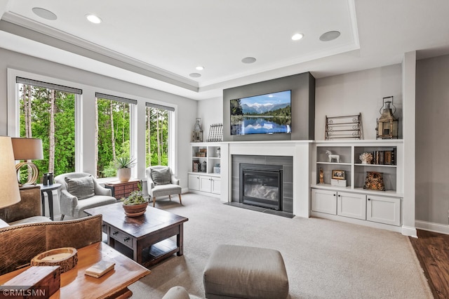 7023 61st St S, Cottage Grove, MN 55016 - living room featuring a tray ceiling, a fireplace with flush hearth, recessed lighting, baseboards, and ornamental molding