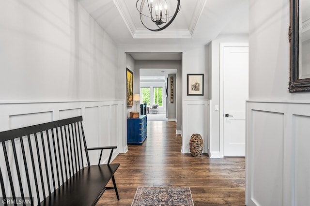 7023 61st St S, Cottage Grove, MN 55016 - hallway featuring a decorative wall, a chandelier, a tray ceiling, dark wood finished floors, and crown molding