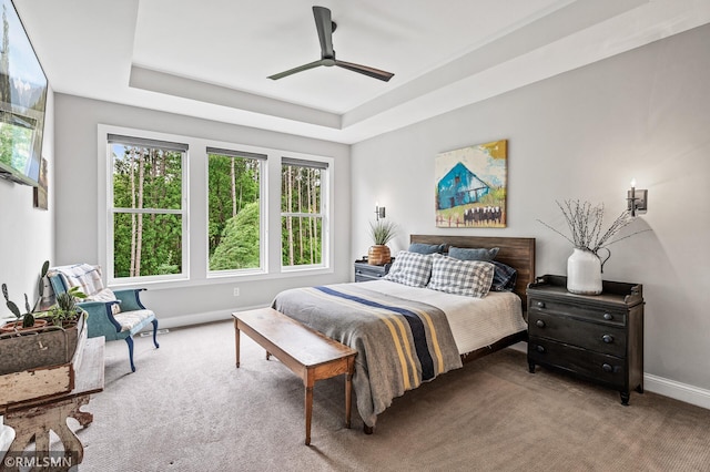 7023 61st St S, Cottage Grove, MN 55016 - carpeted bedroom featuring baseboards, a raised ceiling, and ceiling fan