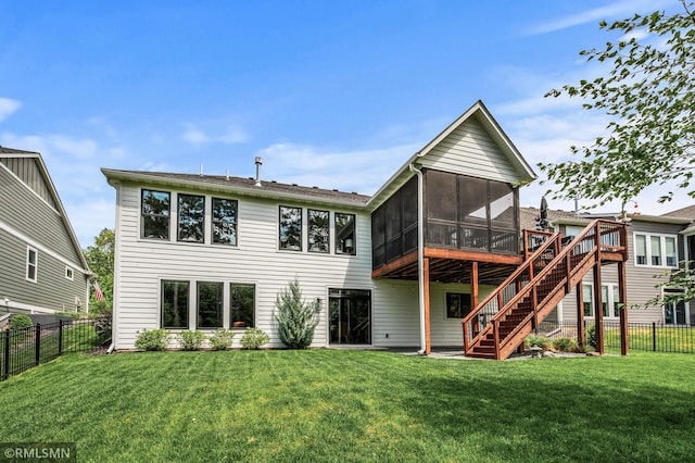 7023 61st St S, Cottage Grove, MN 55016 - back of property with a sunroom, stairway, and a deck