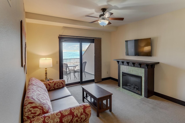 502 Cleveland Blvd W Unit 2400, Walker, MN 56484 - carpeted living area with ceiling fan, a tile fireplace, and baseboards