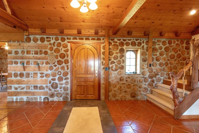 12926 Daisy Ln SW, Farwell, MN 56327 - foyer with wooden ceiling with exposed beams, tile patterned floors, and stairway