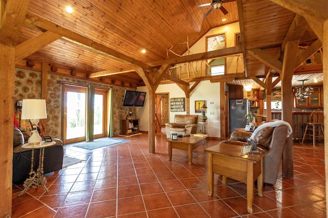 12926 Daisy Ln SW, Farwell, MN 56327 - living area with wooden ceiling, a ceiling fan, dark tile patterned flooring, and a towering ceiling