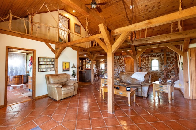 12926 Daisy Ln SW, Farwell, MN 56327 - living room with wood ceiling with exposed beams, tile patterned flooring, high vaulted ceiling, baseboards, and ceiling fan