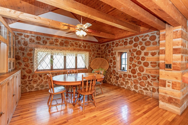 12926 Daisy Ln SW, Farwell, MN 56327 - dining space featuring light wood-style floors, wooden ceiling with exposed beams, and a ceiling fan